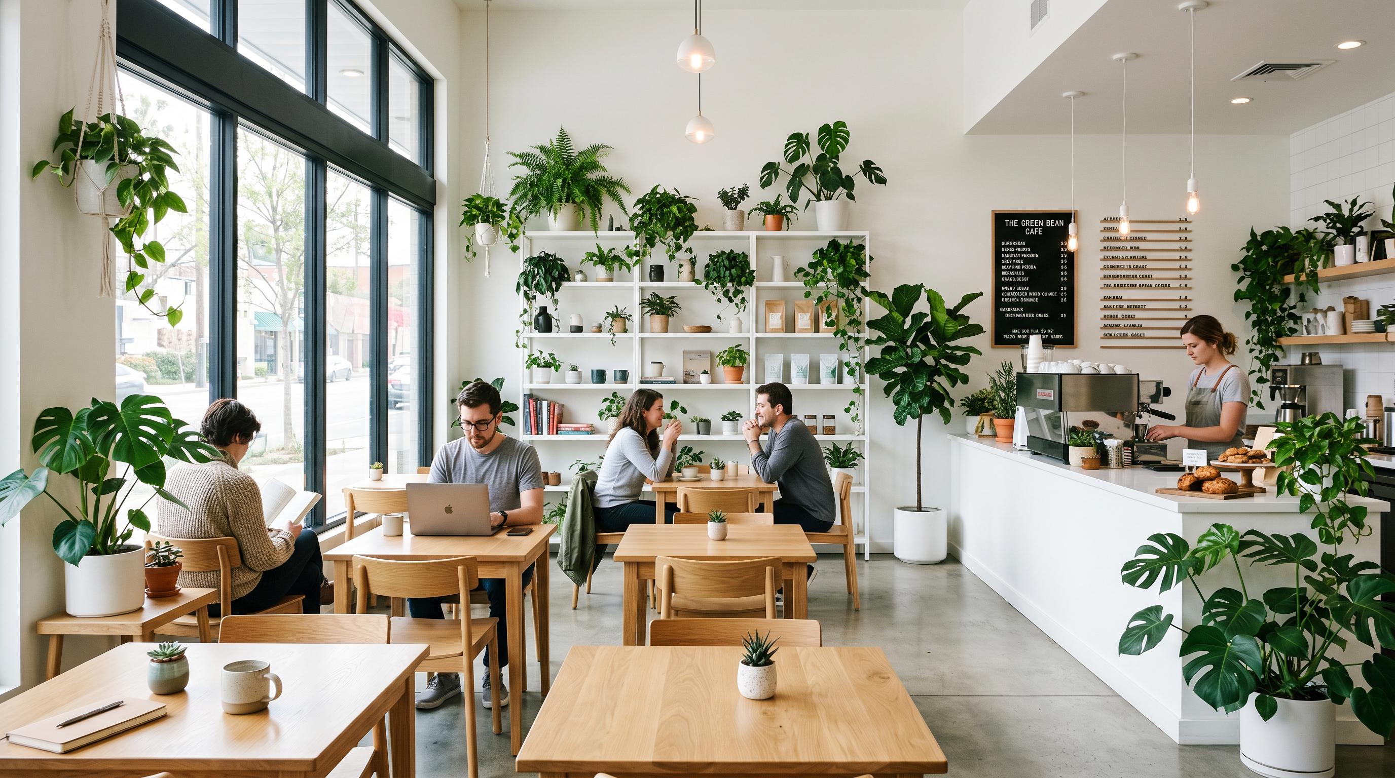 Bare Coffee shop interior with green plants and natural light